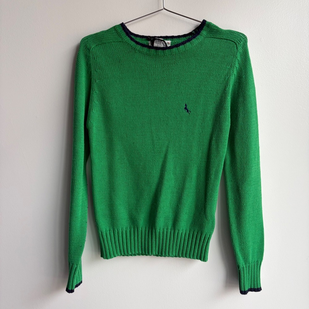 French Rose Green Crewneck Knit Sweater Women Small Preppy Horse Logo